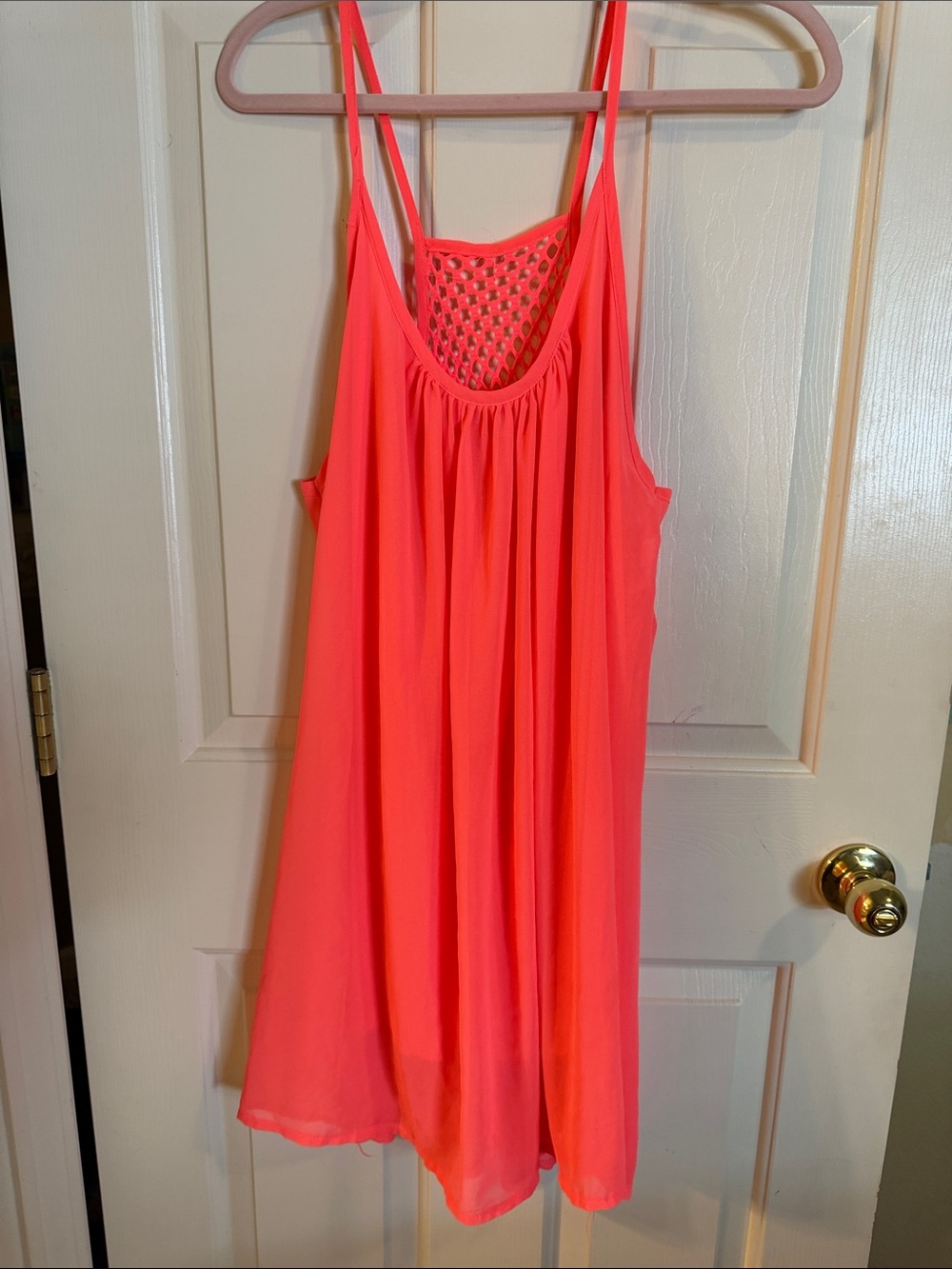Neon Coral Sleeveless Sundress/Swim coverup  with Crochet Back